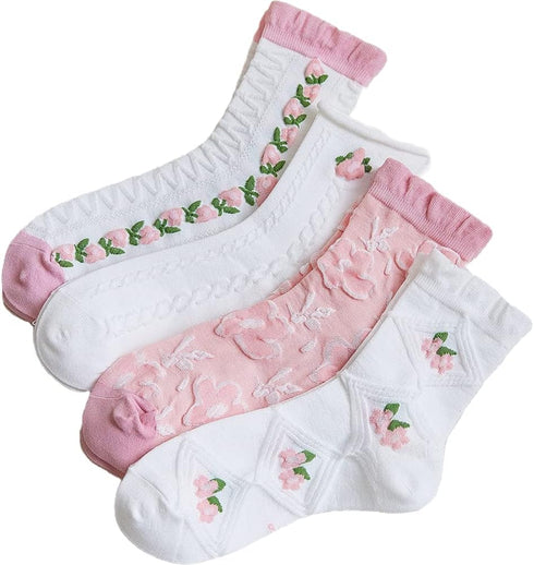 Cute Pink White Floral Women Ankle Sock Stripe Lettuce Trim Knitted Comfy Embroidered Girl Sock Gift 4 & More Pairs...