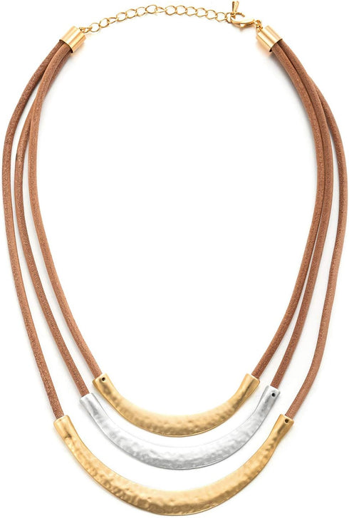 COOLSTEELANDBEYOND Three-Row Brown Leather Choker Collar Statement Necklace with Gold Grey Silver Textured Metal Charms...