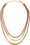COOLSTEELANDBEYOND Three-Row Brown Leather Choker Collar Statement Necklace with Gold Grey Silver Textured Metal Charms...