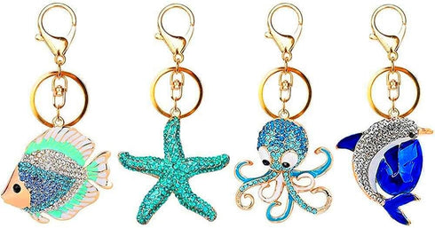4x Ocean Style Rhinestone Marine Animals Keychains Key Ring Gifts for Women Girls Handbag Dolphin/Starfish/Fish/Octopus Car Bag Pendant Purse Char...