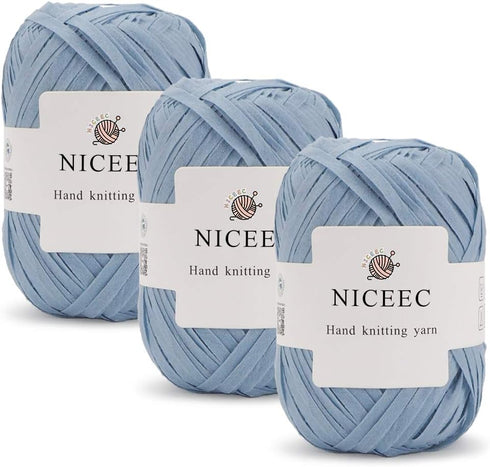 NICEEC 3 Packs Kraft Paper Yarn- Soft Raffia Ribbon Yarn for Crocheting & Knitting, Polyester, DIY Weaving - Total 474yds, 5.3oz - Light Blue...