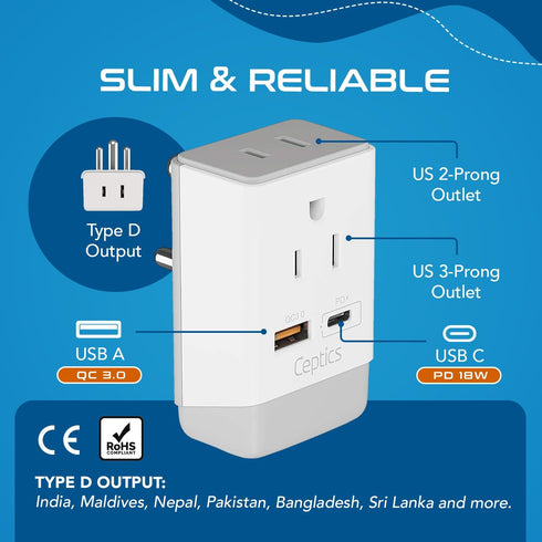 Ceptics US to India Plug Adapter, Type D Plug Adapter QC 3.0 & PD, Safe USB & USB-C 18W, India Plug Adapter Fast Charging - 2 USA Socket Compact &...