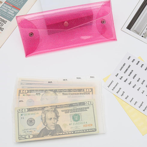 Cash Envelope Wallet with 6pcs Divider with Pockets and 2pcs Monthly Tab Stickers Set Reusable Budget Envelopes Pink Glitter PVC Money Bag Pouch O...