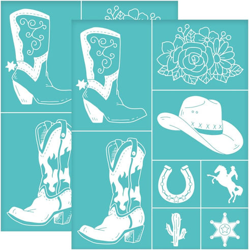 OLYCRAFT 2pcs 8.6x11 Inch Self-Adhesive Silk Screen Printing Stencils Western Cowboy Boots Silkscreen Stencils Reusable Hat Horse Mesh Transfer St...