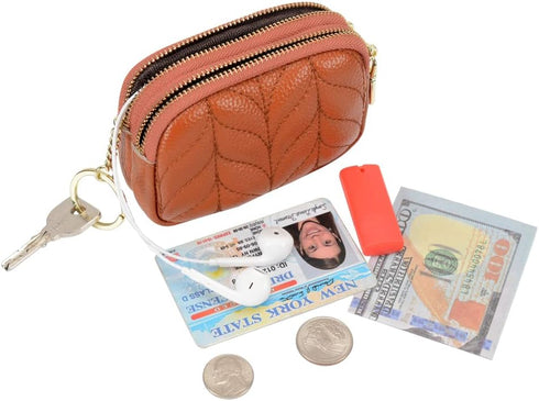 Small Coin Purse For Women Leather Change Pouch Wallet Double Zipper Card Holder with Key Chain...