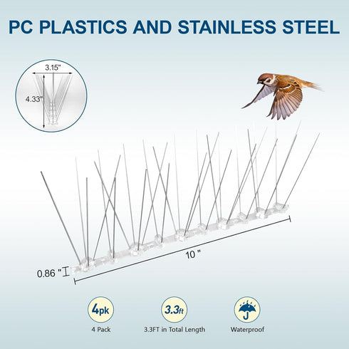 Bird Spikes, 4 Pack Pigeon Spikes of Stainless Steel for Outside to Keep Birds Away, Bird Scare Devices for Small Bird Cat Squirrel, Pigeon Spikes...