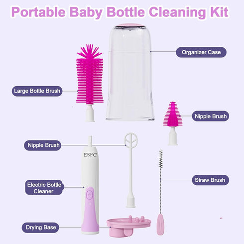 Portable Electric Baby Bottle Brush Set with Electric Bottle Brush,Nipple/Straw Brush,Milk Frother and Drying Base,Waterproof IPX7,Rechargeable Tr...
