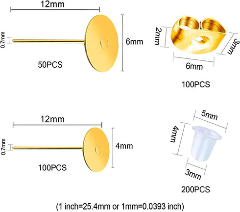 Huucky 450PCS Gold Earring Posts and Backs,Hypoallergenic Earring Studs for Jewelry Making,Stainless Steel Flat Pad with Butterfly and Rubber Bull...