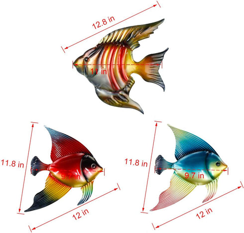 FANWNKI Set of 3 Metal Fish Wall Decor Art Outdoor Indoor Sculpture Hanging for Pool Home Porch Fence Garden...