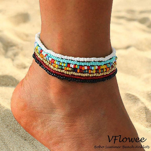 Boho Handmade Beaded African Anklets Multicolor Women Stretch Seed Beads Rainbow Ankle Bracelets Glass Bead Bracelet Elastic Foot and Hand Chain J...