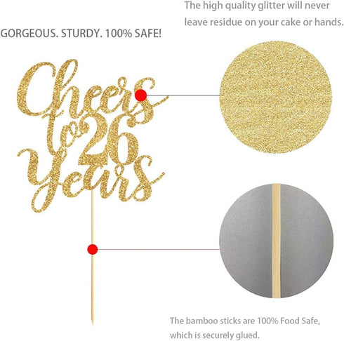 Gold Glitter Cheers to 26 years cake topper, Gold Happy 26th Birthday Cake Topper, Birthday Party Decorations, Supplies...