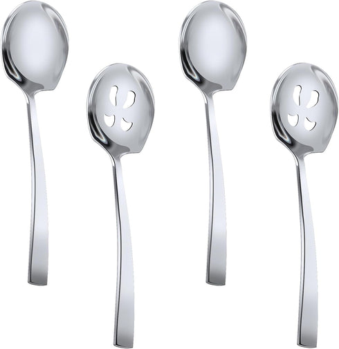 HANSGO 2PCS Stainless Steel Serving Spoons and 2PCS Slotted Serving Spoons, 9" Large Silver Serving Utensils Set for Catering Banquet...
