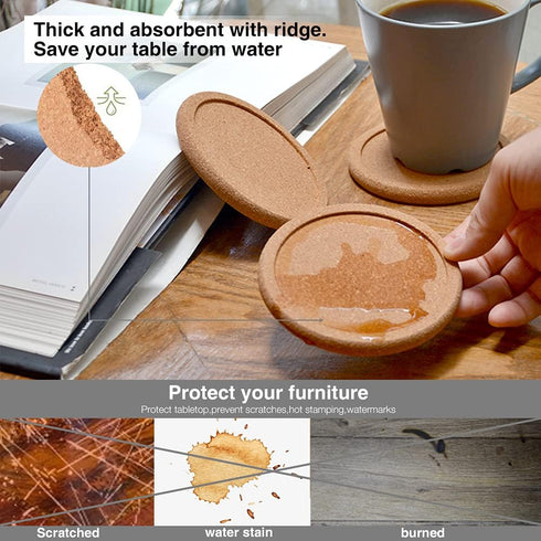 Natural Round Cork Coasters for Drinks with Lip Edge Absorbent Heat and Water Resistant Reusable Durable Saucers for Bar Glass Cup/Mug Coffee Coas...