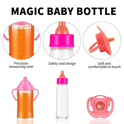 SCOM Magic Juice and Milk Nursing Bottle with Pacifier for Baby Doll Accessories, 3 Piece Pretend Play Feeding Toy Set for Age 4+ (PINK)...