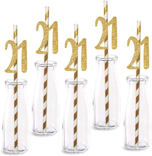 21st Birthday Paper Straw Decor, 24-Pack Real Gold Glitter Cut-Out Numbers Happy 21 Years Party Decorative Straws...