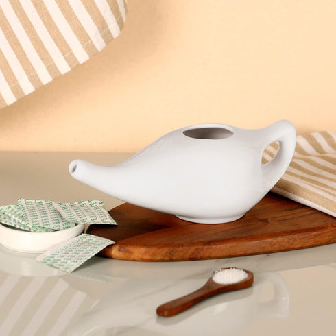 Ceramic Neti Pot Premium Handcrafted, Nose Cleaner for Sinus Dishwasher Safe with 2 Silicone Nozzle Tip, 225 Ml Capacity - White Color...