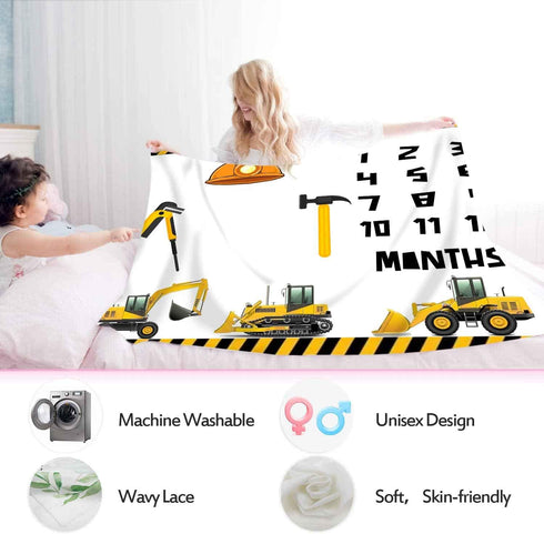 Construction Vehicle Baby Monthly Milestone Blanket, 48x40in Hard Hat Tool Hammer Blanket Soft Flannel for Nursery Newborn Gift Baby Shower,Baby G...
