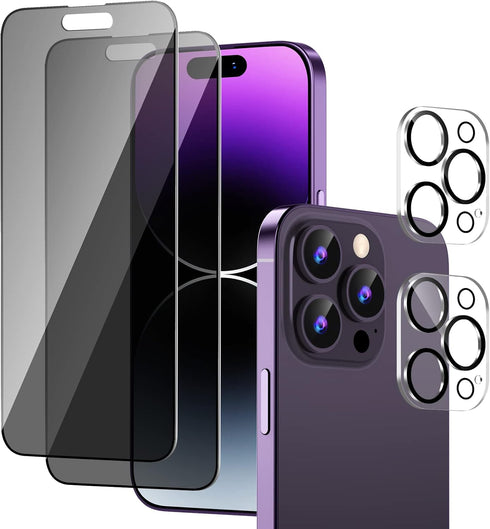 2 Pack Privacy Screen Protector 6.1 Inch Display for iPhone 14 Pro + 2 Pack Camera Lens Protector, Sensor Protection, Dynamic Island Compatible, S...