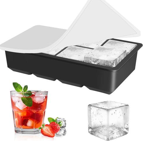 Silicone Ice Cube Tray with Lid, Make 2" Big Square Ice Cubes, Large Whiskey Ice Cube Mold, Ice Cubes Mold for Cocktails & Wine, Soups and Frozen ...