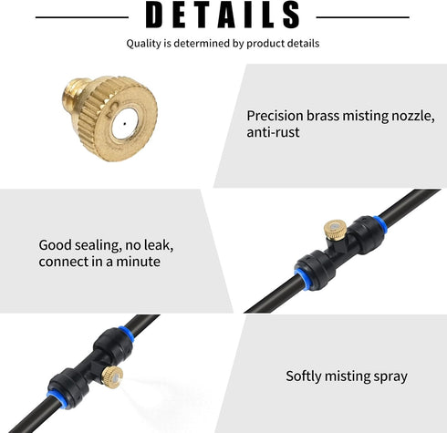 20 Pieces Brass Misting Nozzles 1/4 Inch Slip Lock Mister Nozzles Thread Misting Nozzle Tees with 20 Nozzles + 20 Seats + 4 Plugs for Outdoor Cool...