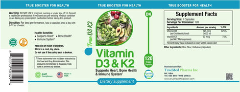 True Booster for Health Vitamin D3 & K2 Capsules - 125mcg D3 (5000 IU) & 90mcg K2 - Heart, Bone, and Immune Support - 120 Vegetarian Capsules - Ea...