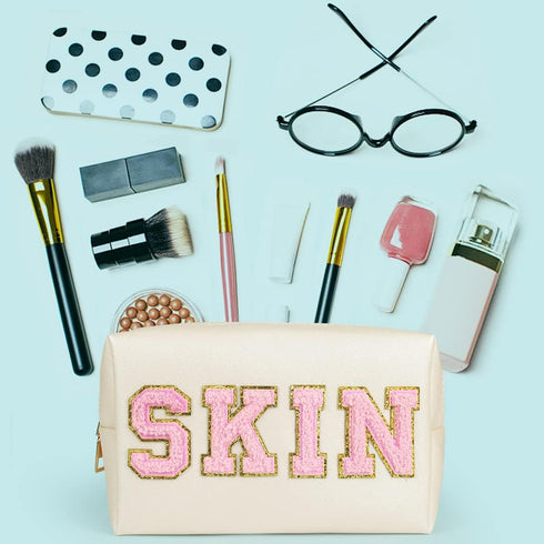 Skin Makeup Bag, Skin Care Cosmetic Toiletry Bag, Preppy Makeup bag,Portable Makeup Zipper Pouch Storage Purse, PU Leather Skincare Organizer Bag ...