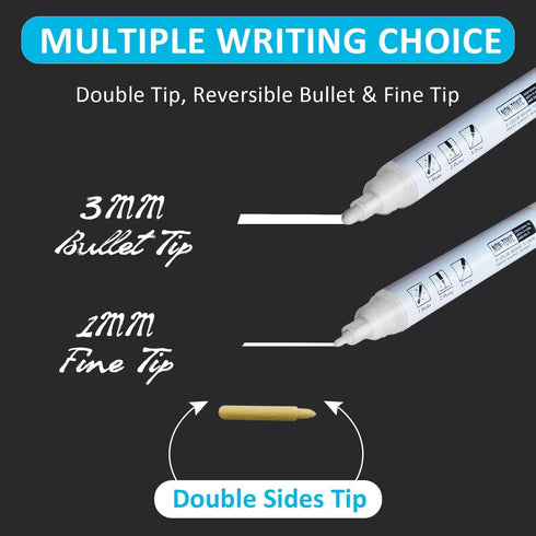 White Dry Erase Markers for Black Glass Board, 2-in-1 Premium Reversible Dual Tip - Bullet & Fine Point, Erasable Blackboard Chalkboard Liquid Cha...
