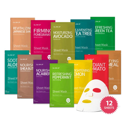 GLAM UP Premium Facial Sheet Mask 12 Combo (Pack of 12) | Clean Face Masks Skincare, Hydrating Face Masks, Moisturizing, Soothing, Beauty Mask For...