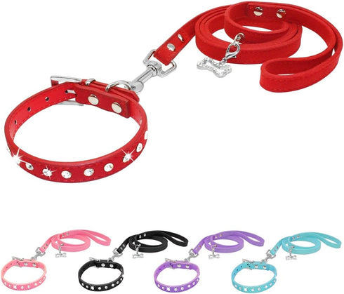 Dogs Kingdom 10 "-16.5" Total Length Suede Skin Jeweled Rhinestones Pet Dog Collar Leash Set Sparkly Crystal Diamonds Studded Leather Puppy Dog Ca...
