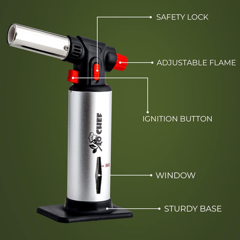 Jo Chef Butane Torch Lighter, Cooking Torch - Refillable Adjustable Flame Lighter with Safety Lock for BBQ, Baking, Brulee Creme, DIY + FREE Recip...