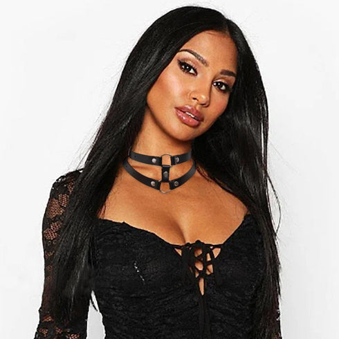 Black Leather Choker Punk Short Collar Gothic 2-tier Circle Rivet Necklace Soft PU Leather Short Neck Accessories for Women...