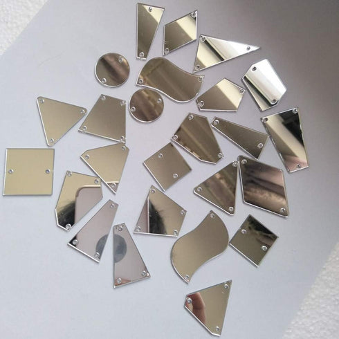 50PCS Silver Sew on Mirror Rhinestones Sew On Mirror Pieces with Holes Flat Back Acrylic Shiny Sew-on Stone for Dress Decoration (Mix Shapes, Silv...
