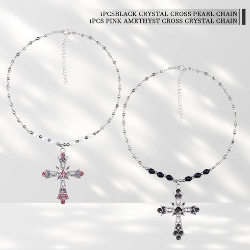 2 Pcs Crystal Cross Necklace Y2k Necklaces Vintage Goth Pearl Necklace Aesthetic Cross Choker Pearl Chain Necklace Gothic Cross Pendant for Women ...