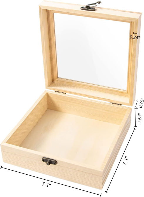 Unfinished Wooden Display Box with Glass Top Hinged Lid, Small Wood Keepsake Storage Box, DIY Craft Box for Collectibles Jewelry Gift and Home Dec...