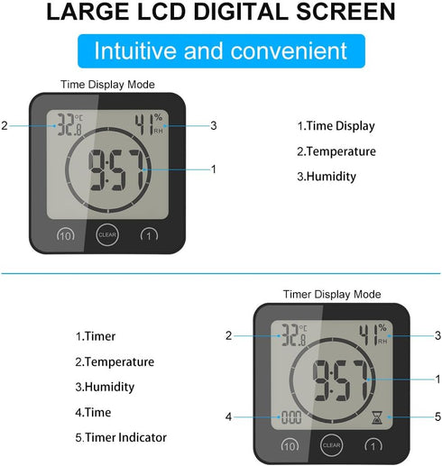 AOZBZ Shower Wall Clock, Digital Kitchen Timer with Alarm, Waterproof Touch Screen Timer, Temperature Humidity Display with Suction Cup Hanging Ho...