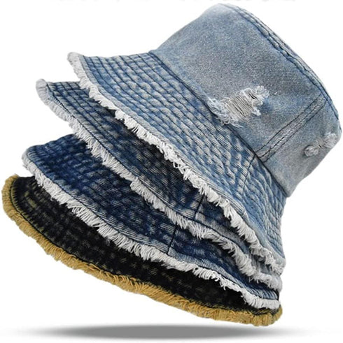 Distressed Denim Bucket Hat Ripped Frayed Edge Sun Hat for Women Men...