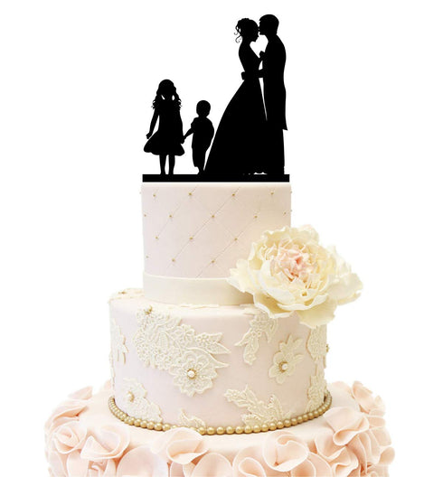 Wedding Anniversary Family Cake Topper Bride Groom couple with 2 kids (Girl & Boy (Black))...