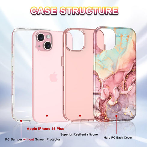 Btscase for iPhone 15 Plus Case 6.7 inch (2023), Marble Pattern 3 in 1 Heavy Duty Full Body Shockproof Hard PC+Soft Silicone Drop Protective Women...