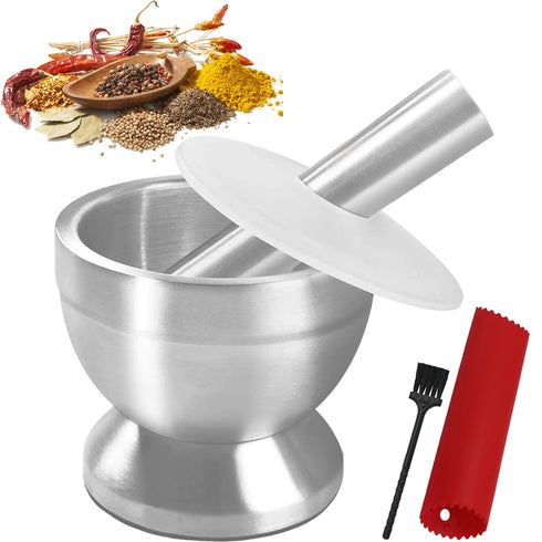 Stainless Steel Mortar and Pestle Set, Spices Grinder Pill Crusher with Silicone Protective Lid - Heavy Duty Mortar Pestle for Molcajete Herb Bowl...