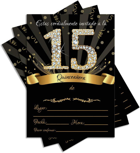 25 Quinceañera Party Invitations 5x7 Black & Gold Cards with Envelopes and Gold Metallic Pen (Spanish/En Espanol) (Daughter Name)...
