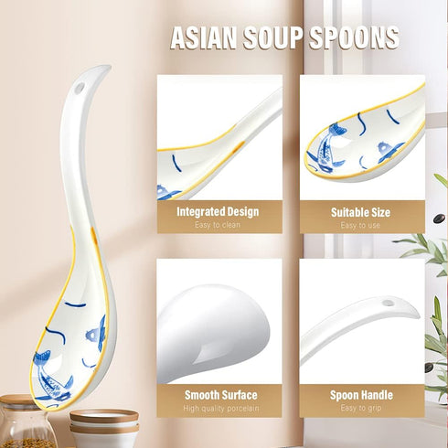 IQCWOOD Asian Soup Spoons, 6.2inch Ceramic Chinese Soup Spoons, Japanese Soup Spoon for Ramen Pho Wonton Dumpling Miso,4pcs...