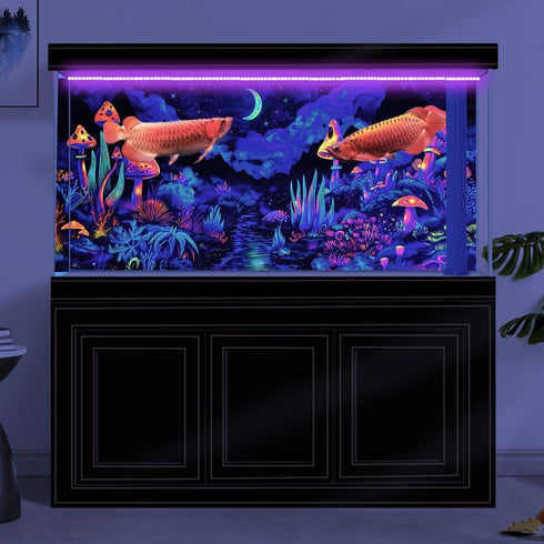 30X18IN Blacklight Mushroom Flower Black Light Aquarium Background, UV Fish Tank Background Moonlight Mountain Forest Landscape Terrarium Backgrou...