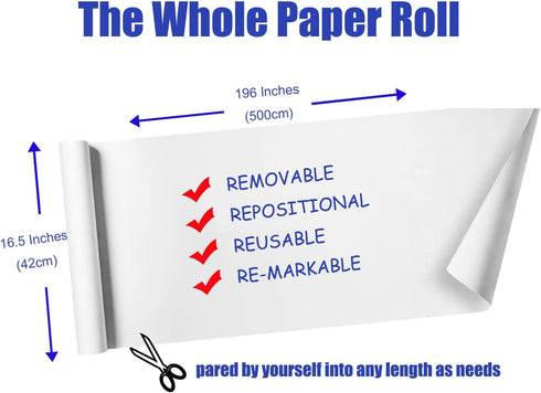 Static Whiteboard Wallpaper Roll, Portable Restickable Dry Erase White Board Wall Paper (16.5X196 in.) No Adhesive for Home Office Classroom...