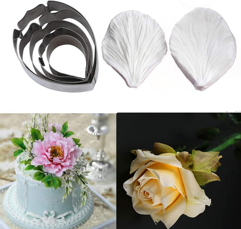KALAIEN 5pcs Stainless Steel Peony Cutter 2pcs Fondant Silicone Mold Gumpaste Peony Sugarcraft Flower Veining Mold Veiner Petal Making Tool...