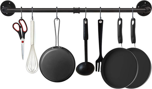 34.3 inch Industrial Pipe Pot Bar Rack with 15 S Hooks Rustic Iron Pots and Pans Hanging Rail Pipe Towel Holder Wall Mounted Detachable Kitchen Ut...