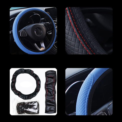 Leather Car Steering Wheel Cover, Classical Leather Automotive Steering Wheel Covers,Breathable, Non-Slip,Elastic, Universal 15 inch Steering Whee...