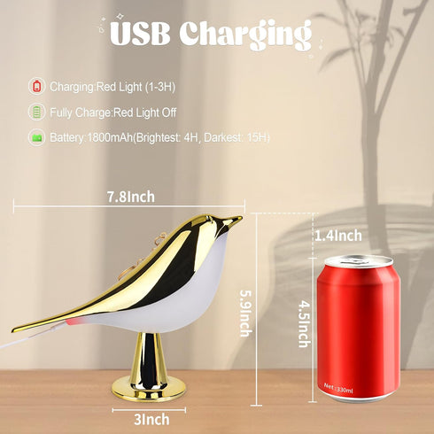 Small Bird Touch Lamp, Dimmable and Cordless Bird Night Light, USB Rechargeable Touch Sensor Control Table and Desk Lamp with Aroma Diffuser Funct...