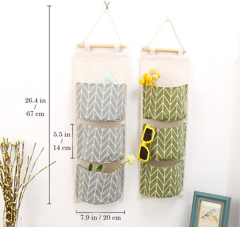 3Pcs Wall Hanging Storage Bag, Creatiee Waterproof Over The Door Closet Organizer Linen Farbric Hanging Pocket Organizer with 3 Remote-Sized Width...