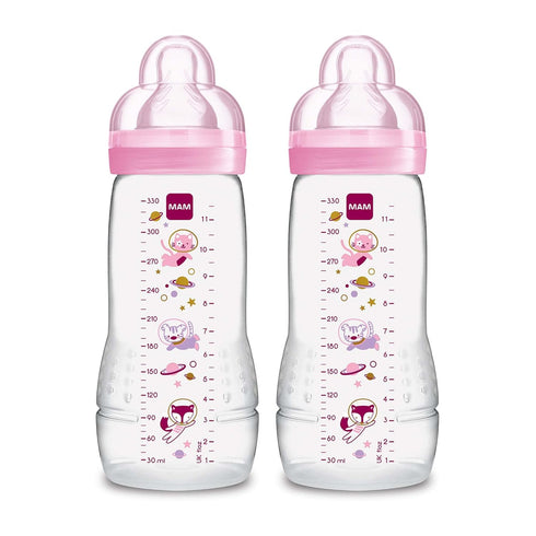 MAM Easy Active Baby Bottles 11oz, Fast Flow Skinsoft Silicone Nipple with Wide Neck Ergonomic Design, Easy to Hold, BPA-Free, Bottles with Leak-P...