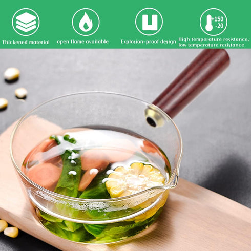 DOERDO Clear Glass Pot Milk Pan with Wooden Handle Breakfast Cooking Pot Glass Cookware for Home Kitchen Open Flame Heating Milk Pot (Clear 600ml)...